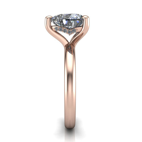 Ariel heart classic engagement ring in 14K Rose Gold, side profile showing the hidden halo under the head and the slim polished band