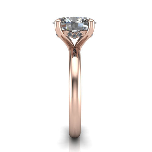 Ariel oval classic engagement ring in 14K Rose Gold, side profile showing the hidden halo under the head and the slim polished band