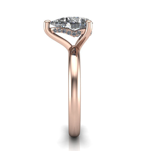 Ariel pear classic engagement ring in 14K Rose Gold, side profile showing the hidden halo under the head and the slim polished band