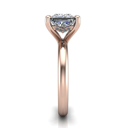 Ariel princess classic engagement ring in 14K Rose Gold, side profile showing the hidden halo under the head and the slim polished band
