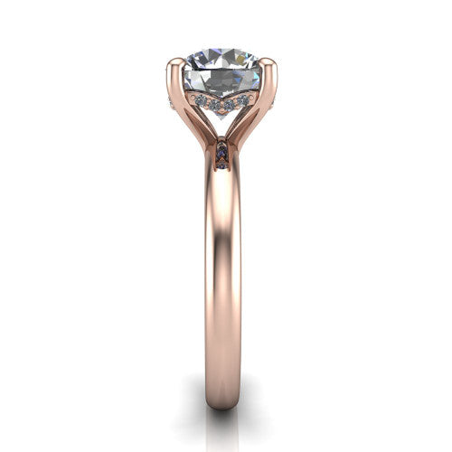 Ariel round classic engagement ring in 18K Rose Gold, side profile showing the hidden halo under the head and the slim polished band