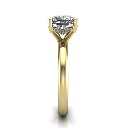Ariel cushion classic engagement ring in 14K Yellow Gold, side profile showing the hidden halo under the head and the slim polished band