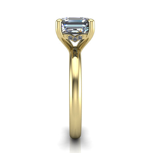 Ariel asscher classic engagement ring in 18K Yellow Gold, side profile showing the hidden halo under the head and the slim polished band
