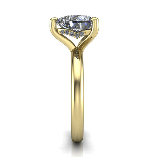 Ariel heart classic engagement ring in 14K Yellow Gold, side profile showing the hidden halo under the head and the slim polished band