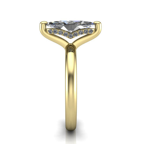 Ariel marquise classic engagement ring in 14K Yellow Gold, side profile showing the hidden halo under the head and the slim polished band