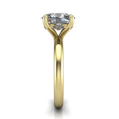 Ariel oval classic engagement ring in 14K Yellow Gold, side profile showing the hidden halo under the head and the slim polished band