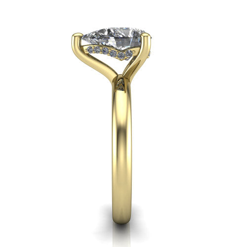 Ariel pear classic engagement ring in 14K Yellow Gold, side profile showing the hidden halo under the head and the slim polished band