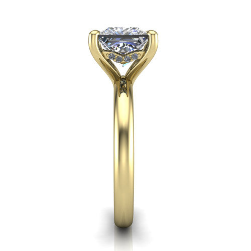 Ariel princess classic engagement ring in 18K Yellow Gold, side profile showing the hidden halo under the head and the slim polished band