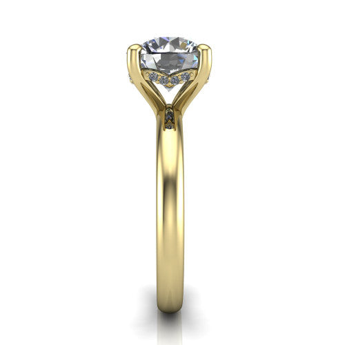 Ariel round classic engagement ring in 18K Yellow Gold, side profile showing the hidden halo under the head and the slim polished band