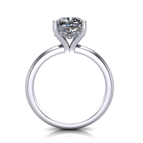 Ariel cushion classic engagement ring in 14K White Gold, through-finger front profile showing the hidden halo of accent diamonds tucked beneath the center basket
