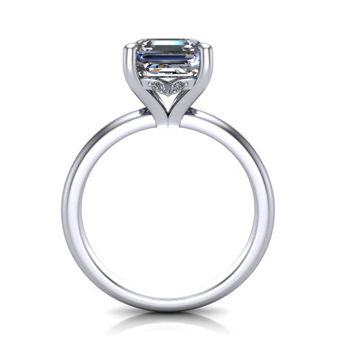 Ariel asscher classic engagement ring in Platinum, through-finger front profile showing the hidden halo of accent diamonds tucked beneath the center basket