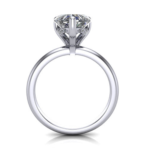 Ariel heart classic engagement ring in 14K White Gold, through-finger front profile showing the hidden halo of accent diamonds tucked beneath the center basket