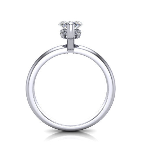Ariel marquise classic engagement ring in 14K White Gold, through-finger front profile showing the hidden halo of accent diamonds tucked beneath the center basket