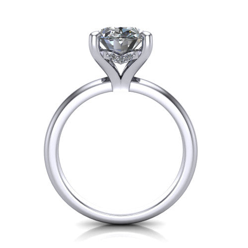 Ariel oval classic engagement ring in 14K White Gold, through-finger front profile showing the hidden halo of accent diamonds tucked beneath the center basket