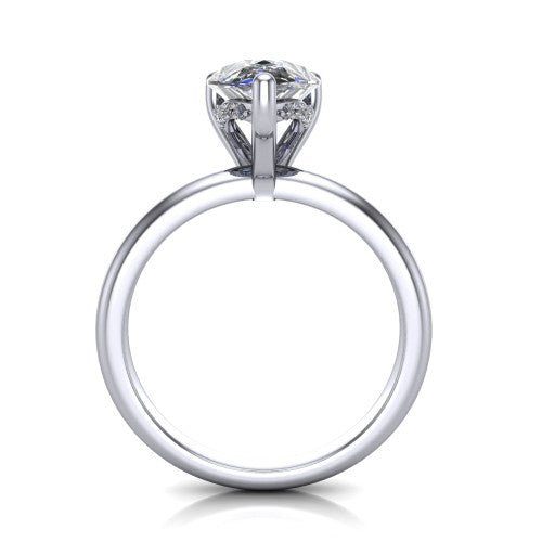 Ariel pear classic engagement ring in 14K White Gold, through-finger front profile showing the hidden halo of accent diamonds tucked beneath the center basket