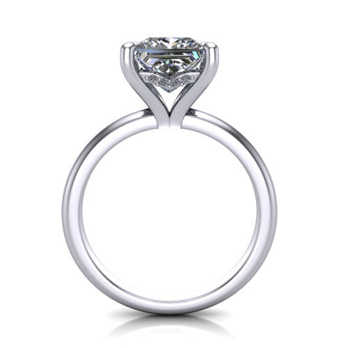 Ariel princess classic engagement ring in 14K White Gold, through-finger front profile showing the hidden halo of accent diamonds tucked beneath the center basket