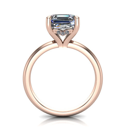 Ariel asscher classic engagement ring in 14K Rose Gold, through-finger front profile showing the hidden halo of accent diamonds tucked beneath the center basket