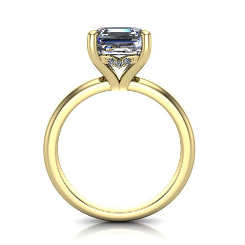 Ariel asscher classic engagement ring in 14K Yellow Gold, through-finger front profile showing the hidden halo of accent diamonds tucked beneath the center basket