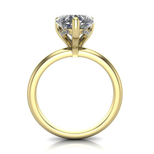 Ariel heart classic engagement ring in 18K Yellow Gold, through-finger front profile showing the hidden halo of accent diamonds tucked beneath the center basket