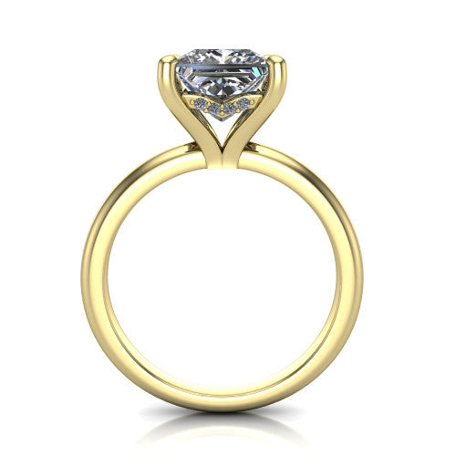Ariel princess classic engagement ring in 14K Yellow Gold, through-finger front profile showing the hidden halo of accent diamonds tucked beneath the center basket