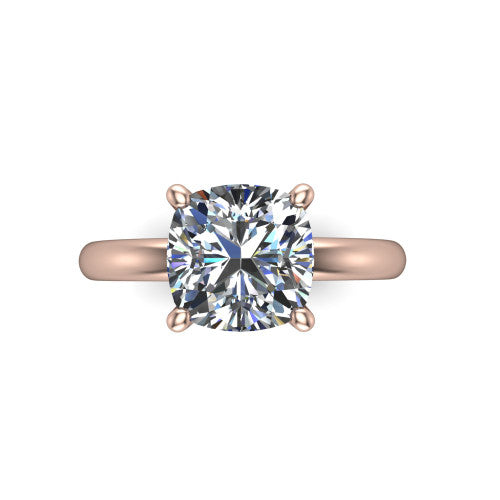 Ariel cushion classic engagement ring in 14K Rose Gold, top-down view showing the prong-set center diamond on a clean polished shank