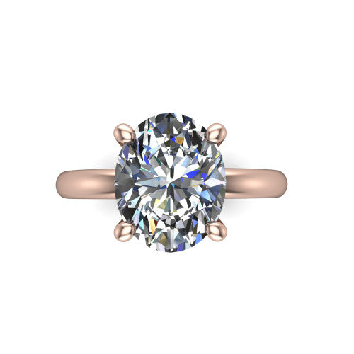Ariel oval classic engagement ring in 14K Rose Gold, top-down view showing the prong-set center diamond on a clean polished shank