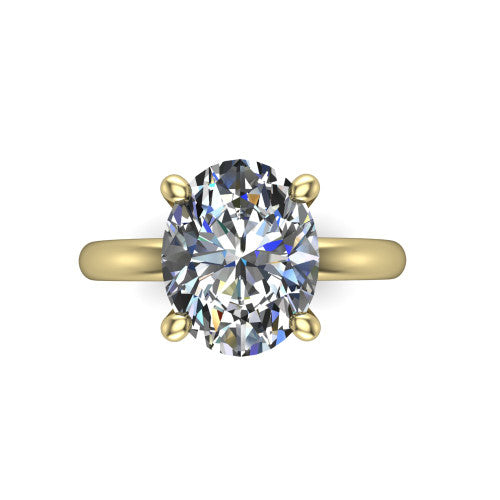 Ariel oval classic engagement ring in 18K Yellow Gold, top-down view showing the prong-set center diamond on a clean polished shank