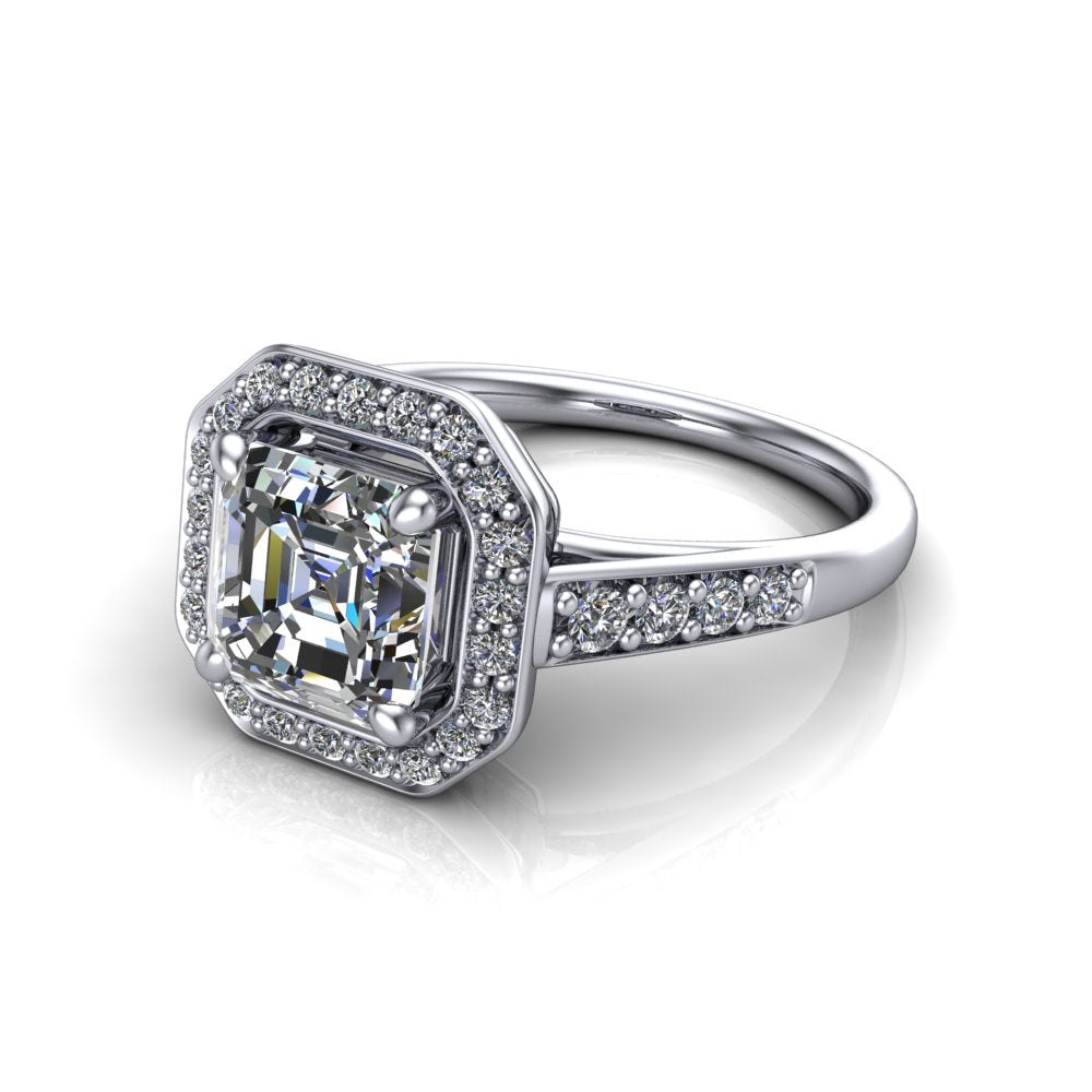 Leia square emerald halo engagement ring in 18K White Gold, three-quarter perspective showing the step-cut square emerald center diamond, pavé diamond halo, and pavé-set shank