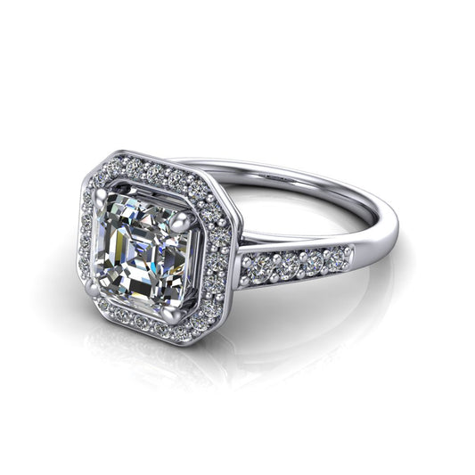 Leia square emerald halo engagement ring in 18K White Gold, three-quarter perspective showing the step-cut square emerald center diamond, pavé diamond halo, and pavé-set shank