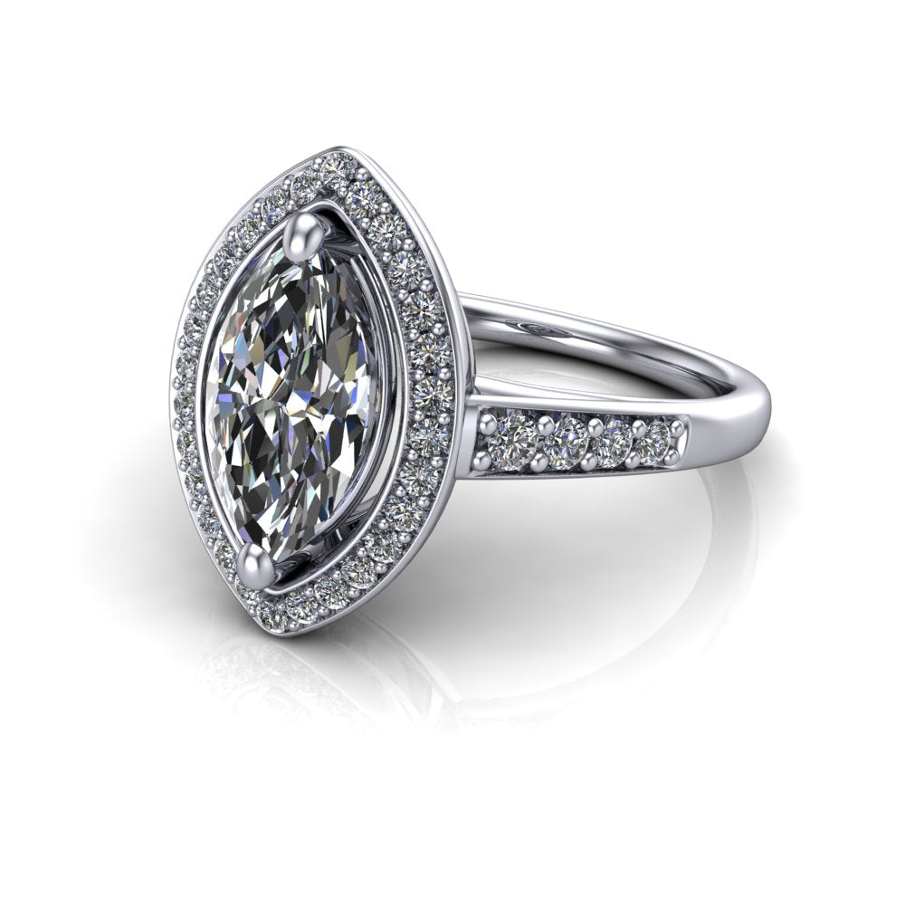 Leia marquise halo engagement ring in 18K White Gold, three-quarter perspective showing the brilliant marquise-cut center diamond, pavé diamond halo, and pavé-set shank