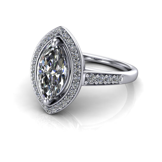 Leia marquise halo engagement ring in 18K White Gold, three-quarter perspective showing the brilliant marquise-cut center diamond, pavé diamond halo, and pavé-set shank