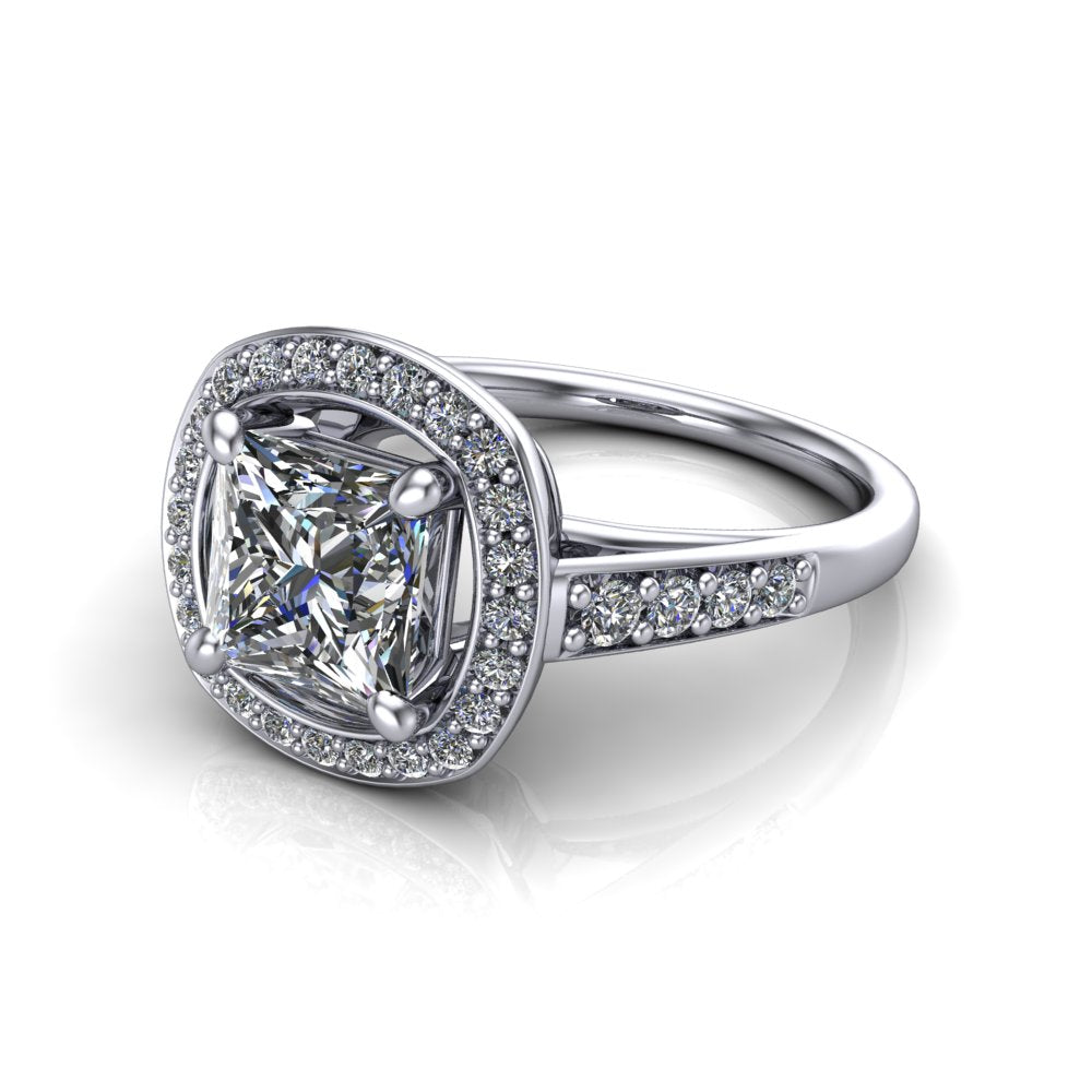 Leia princess halo engagement ring in 18K White Gold, three-quarter perspective showing the brilliant princess-cut center diamond, pavé diamond halo, and pavé-set shank