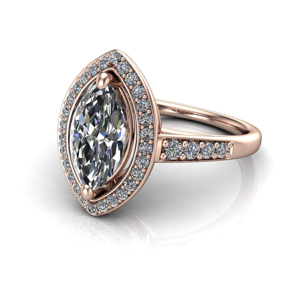 Leia marquise halo engagement ring in 18K Rose Gold, three-quarter perspective showing the brilliant marquise-cut center diamond, pavé diamond halo, and pavé-set shank
