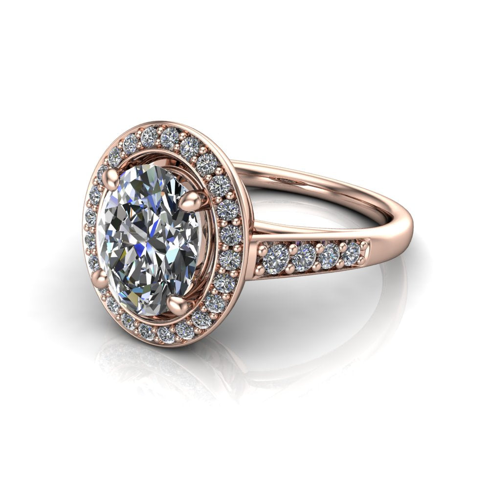 Leia oval halo engagement ring in 18K Rose Gold, three-quarter perspective showing the brilliant oval-cut center diamond, pavé diamond halo, and pavé-set shank