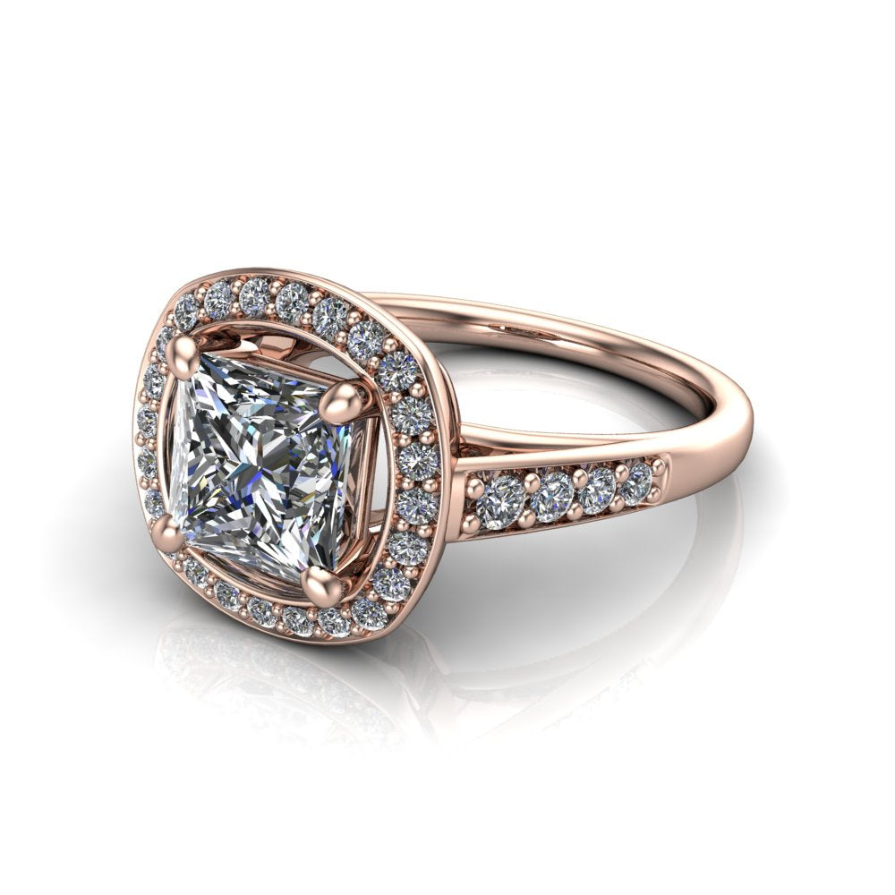 Leia princess halo engagement ring in 18K Rose Gold, three-quarter perspective showing the brilliant princess-cut center diamond, pavé diamond halo, and pavé-set shank