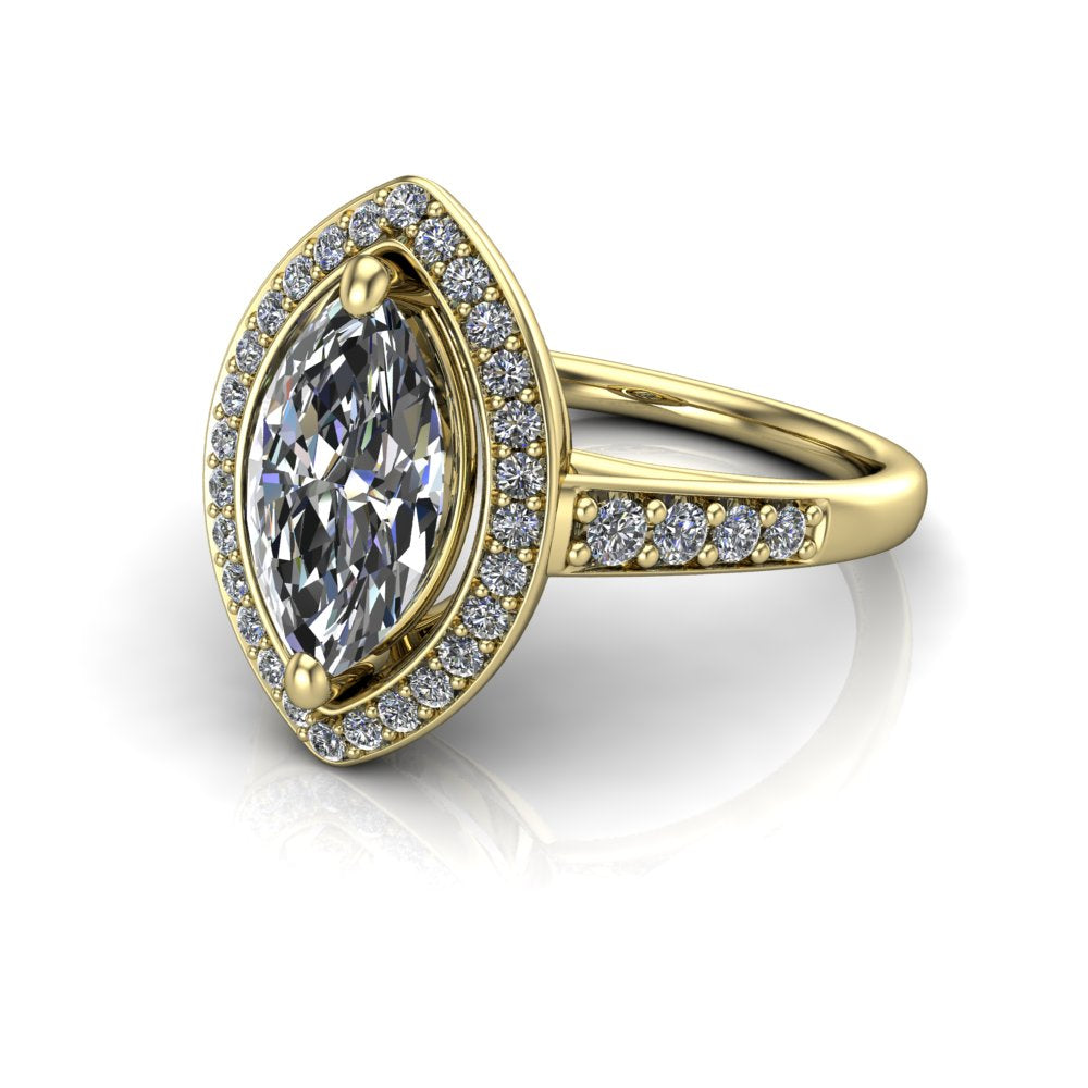 Leia marquise halo engagement ring in 18K Yellow Gold, three-quarter perspective showing the brilliant marquise-cut center diamond, pavé diamond halo, and pavé-set shank