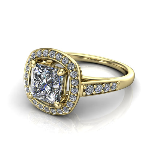 Leia princess halo engagement ring in 18K Yellow Gold, three-quarter perspective showing the brilliant princess-cut center diamond, pavé diamond halo, and pavé-set shank