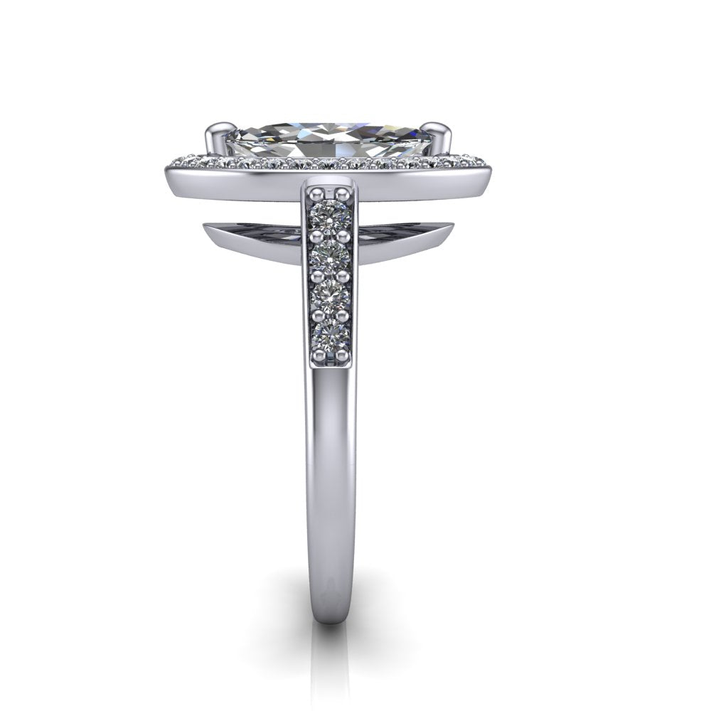 Leia marquise halo engagement ring in 18K White Gold, side profile showing the halo silhouette, cathedral gallery, and pavé-set shank