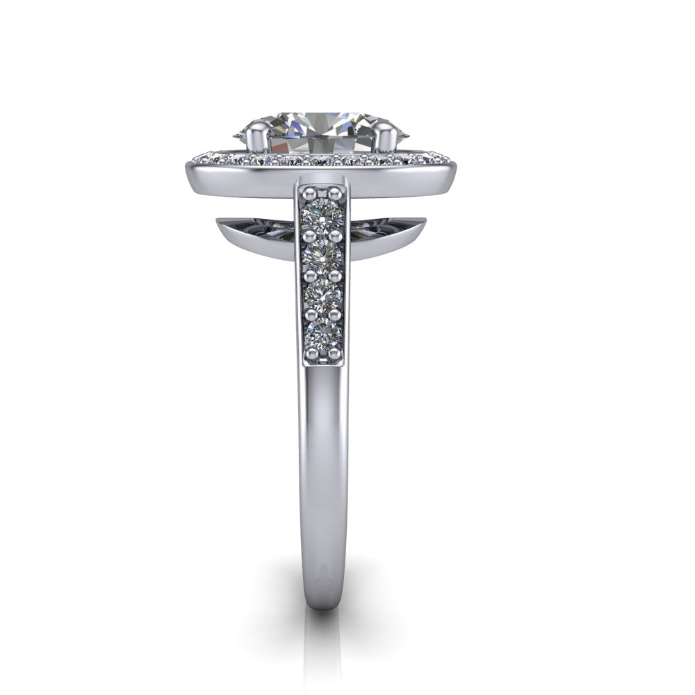 Leia oval halo engagement ring in 18K White Gold, side profile showing the halo silhouette, cathedral gallery, and pavé-set shank