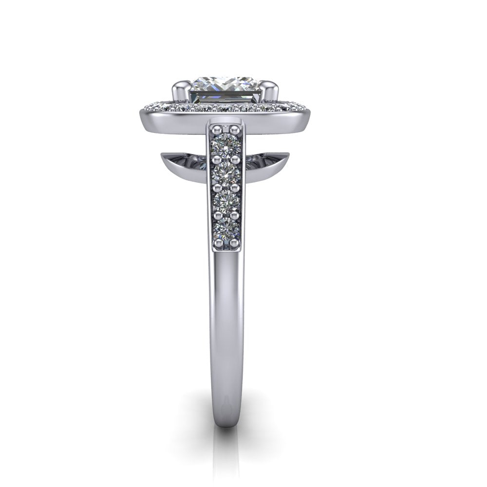 Leia princess halo engagement ring in 18K White Gold, side profile showing the halo silhouette, cathedral gallery, and pavé-set shank