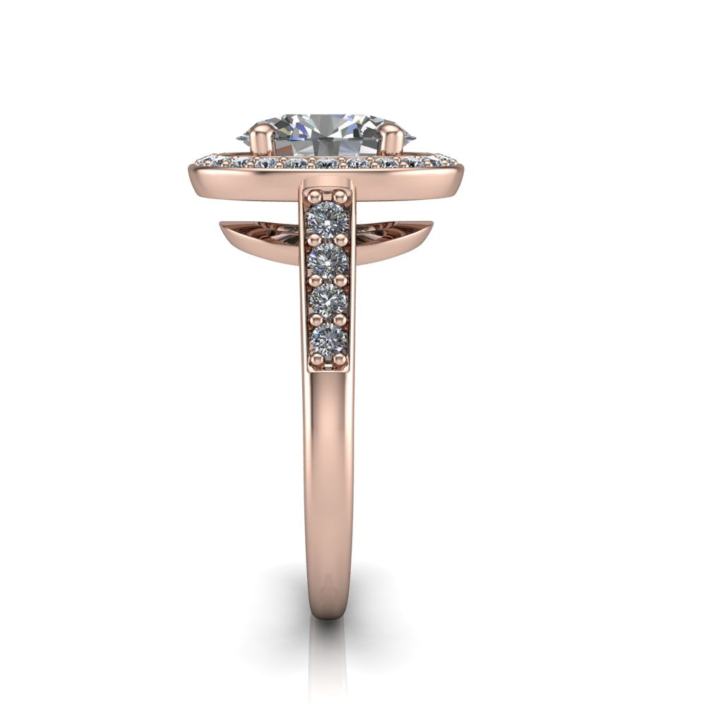 Leia oval halo engagement ring in 18K Rose Gold, side profile showing the halo silhouette, cathedral gallery, and pavé-set shank