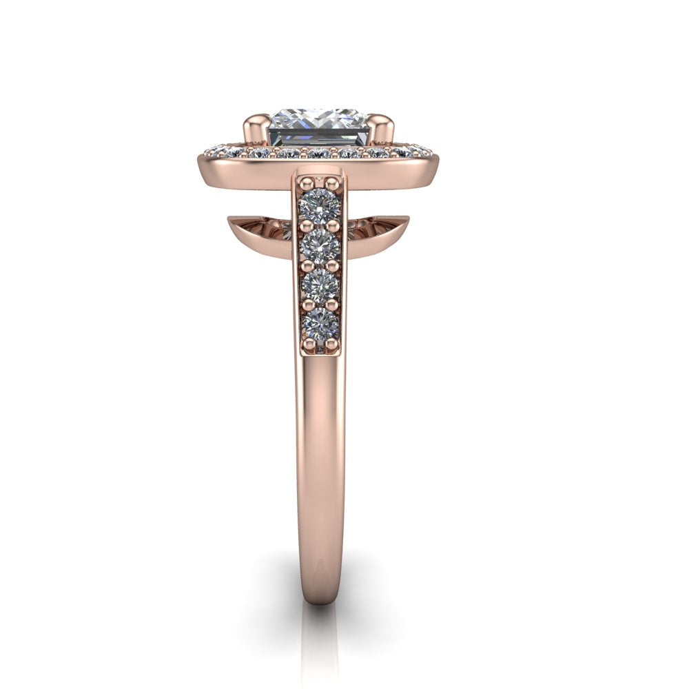 Leia princess halo engagement ring in 18K Rose Gold, side profile showing the halo silhouette, cathedral gallery, and pavé-set shank
