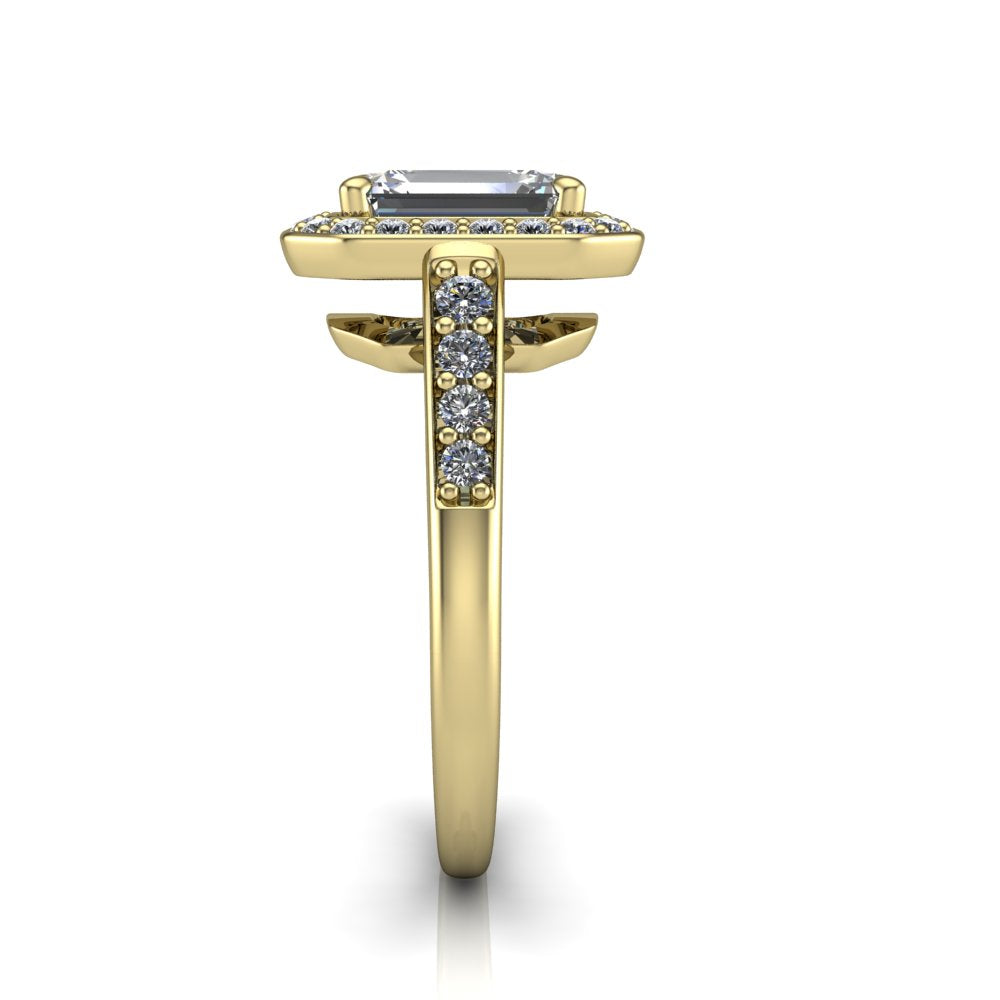 Leia emerald halo engagement ring in 18K Yellow Gold, side profile showing the halo silhouette, cathedral gallery, and pavé-set shank