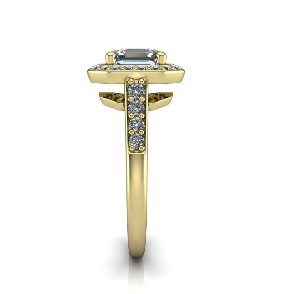 Leia square emerald halo engagement ring in 18K Yellow Gold, side profile showing the halo silhouette, cathedral gallery, and pavé-set shank