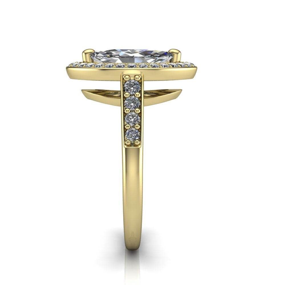 Leia marquise halo engagement ring in 18K Yellow Gold, side profile showing the halo silhouette, cathedral gallery, and pavé-set shank