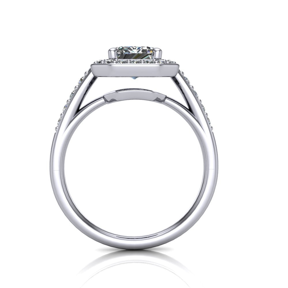Leia emerald halo engagement ring in Platinum, through-finger front profile showing the cathedral gallery beneath the halo