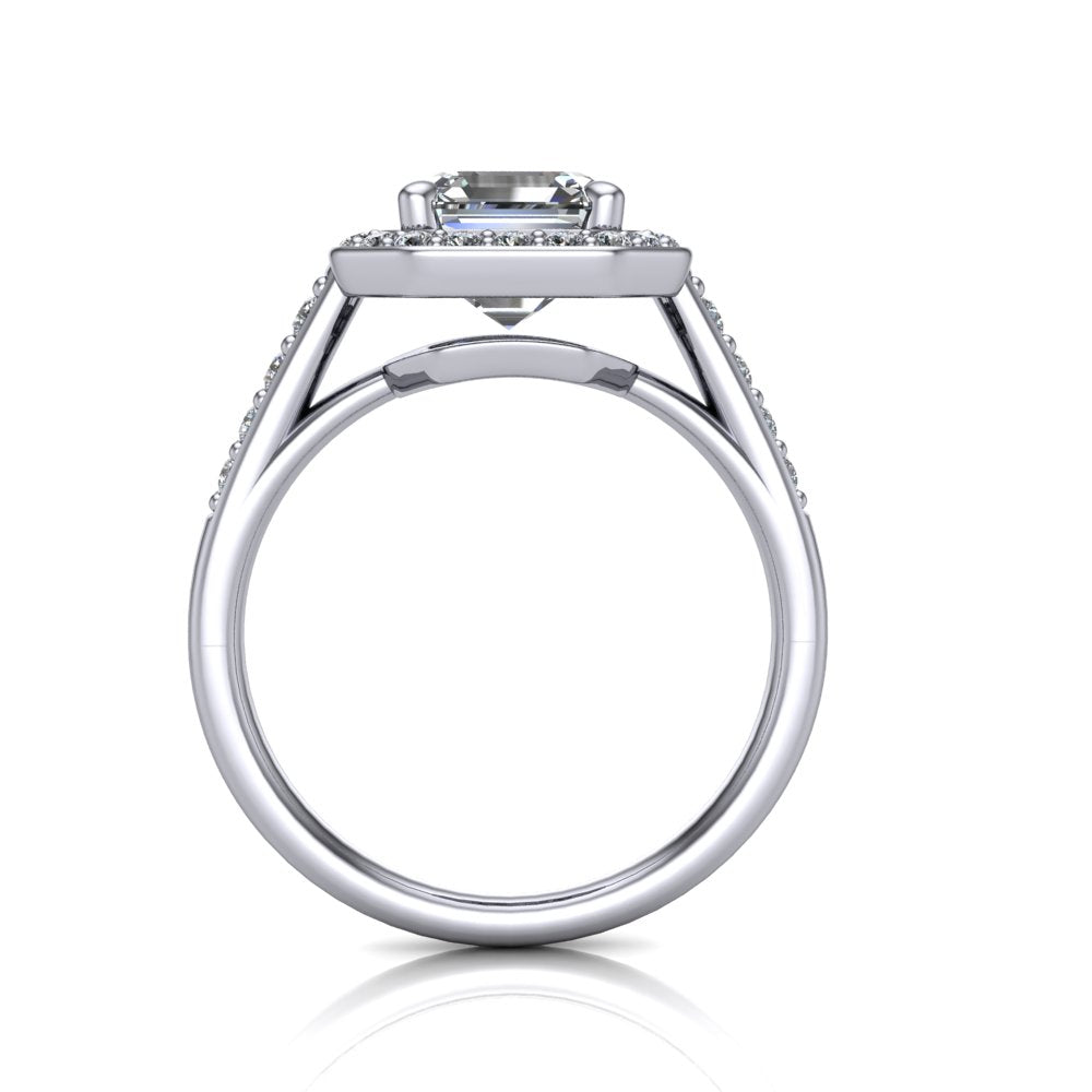 Leia square emerald halo engagement ring in 18K White Gold, through-finger front profile showing the cathedral gallery beneath the halo