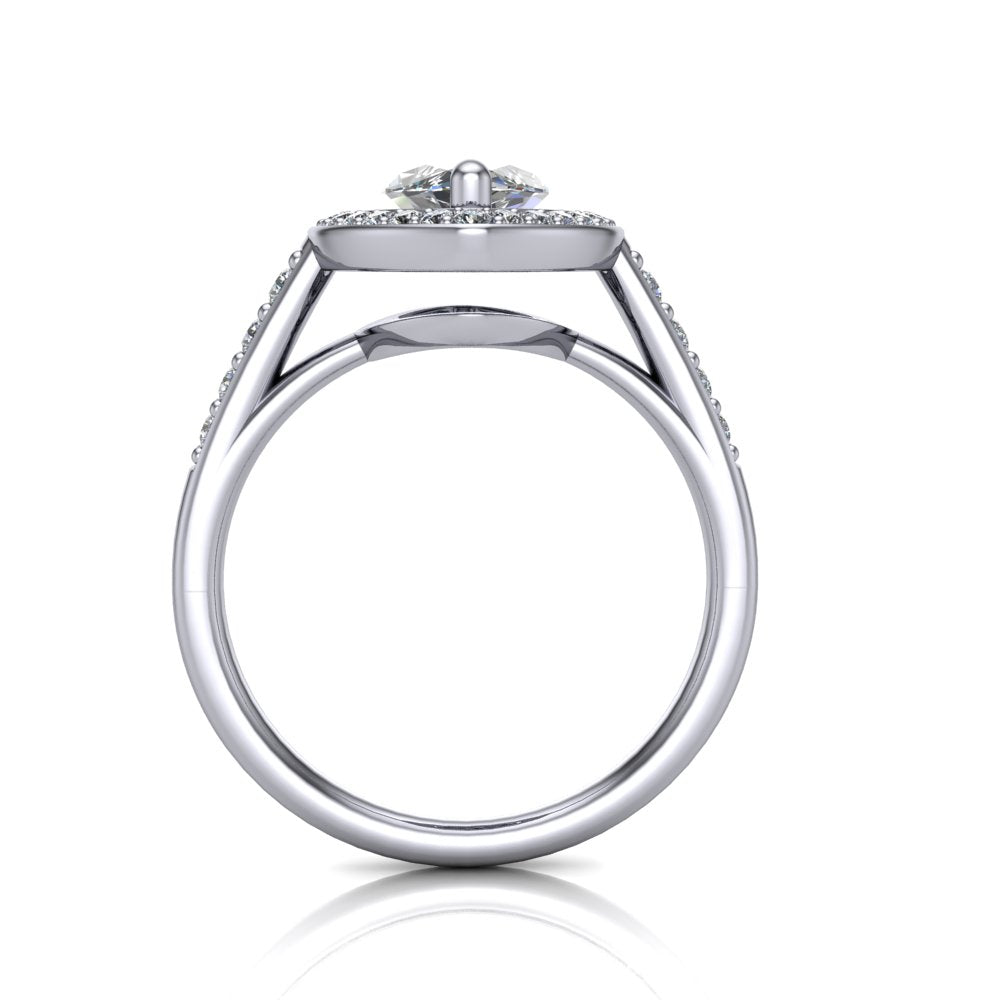 Leia marquise halo engagement ring in 18K White Gold, through-finger front profile showing the cathedral gallery beneath the halo
