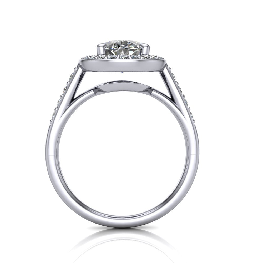 Leia oval halo engagement ring in 18K White Gold, through-finger front profile showing the cathedral gallery beneath the halo