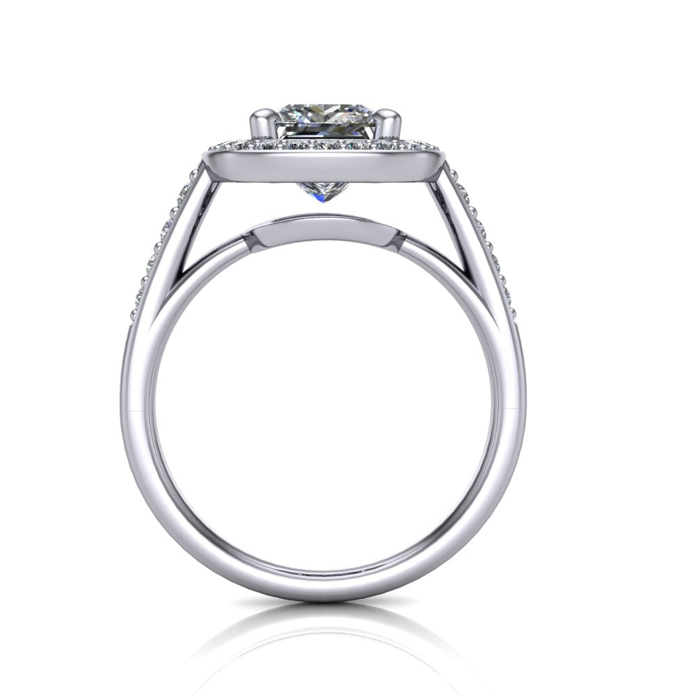 Leia princess halo engagement ring in 18K White Gold, through-finger front profile showing the cathedral gallery beneath the halo
